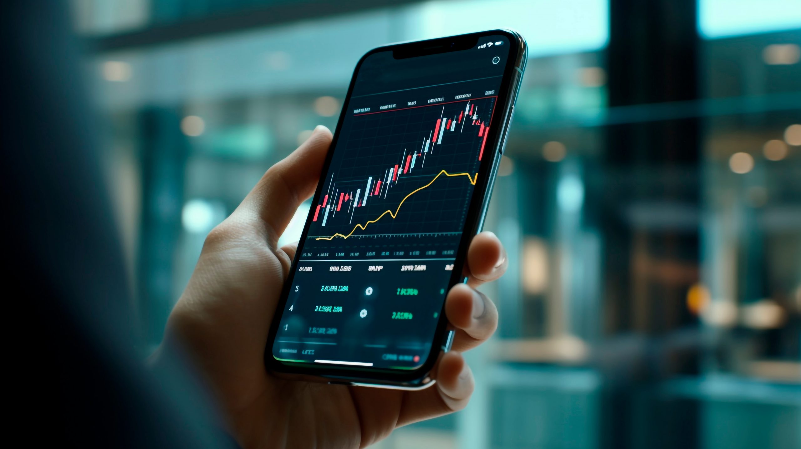 female hand holding smartphone, business style, stocks and exchanges, professional photo