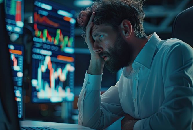 a tired man. stress, computer, trading