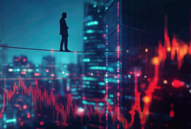A silhouette of a businessman walking a tightrope high above a futuristic city skyline, surrounded by fluctuating red stock market graphs, highlighting the volatility and risk in modern finance and trading.