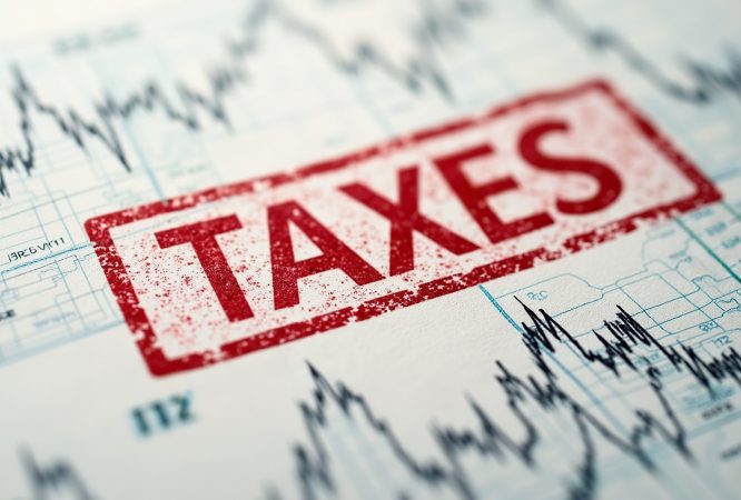 Close-up of a red taxes stamp on a financial document featuring stock market graphs, symbolizing taxation, finance, and economic data analysis.