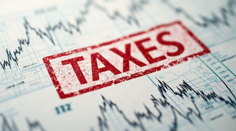 Close-up of a red taxes stamp on a financial document featuring stock market graphs, symbolizing taxation, finance, and economic data analysis.
